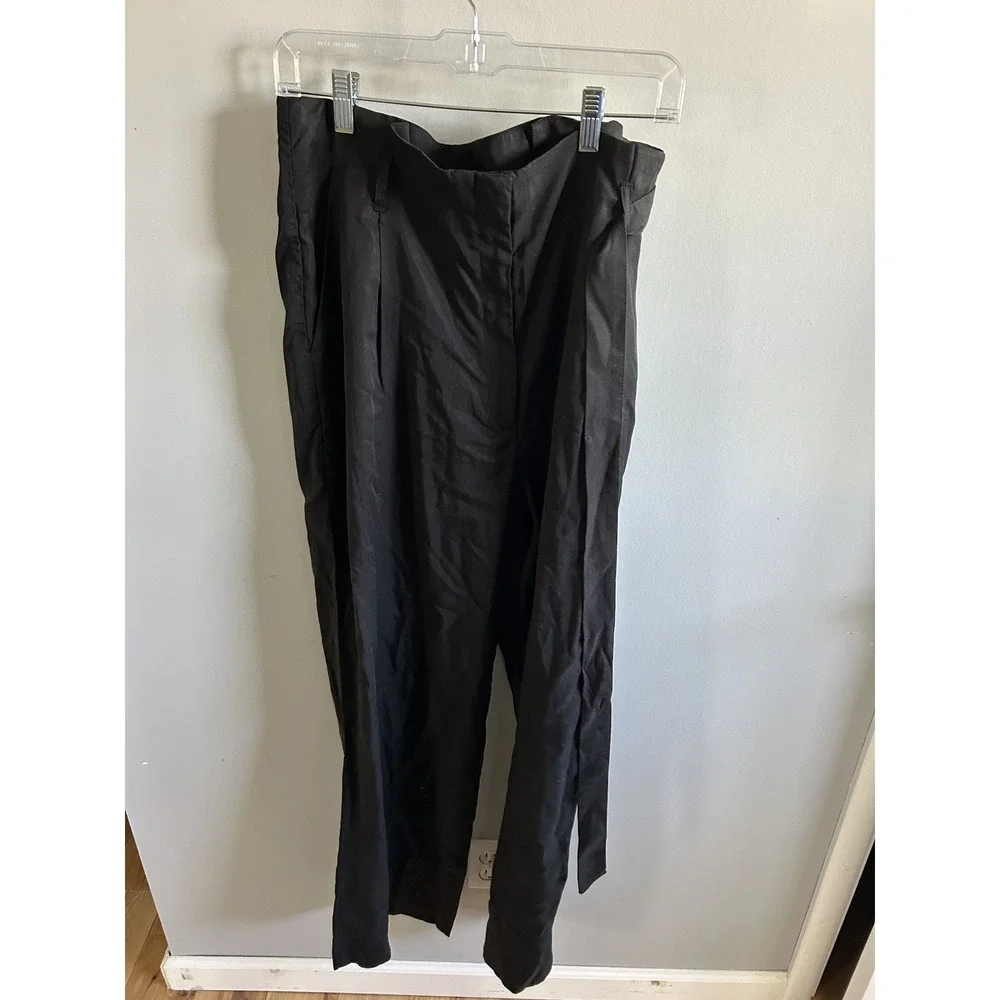 H&M Womens Black Wide Leg Tie Waist Pleated Dress Pants Size 12 High Rise - Picture 2 of 3